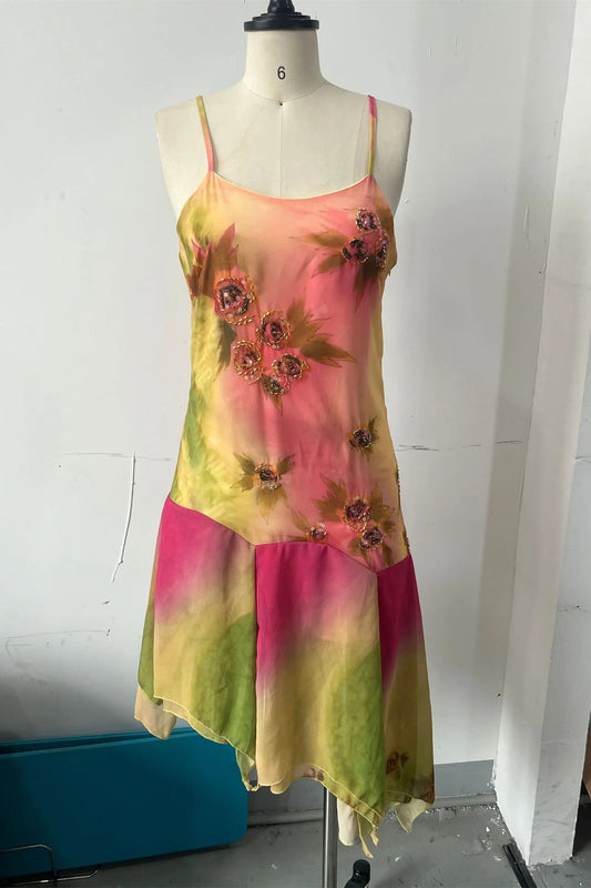 Straps Ruffled Hem Midi Dress with Beaded