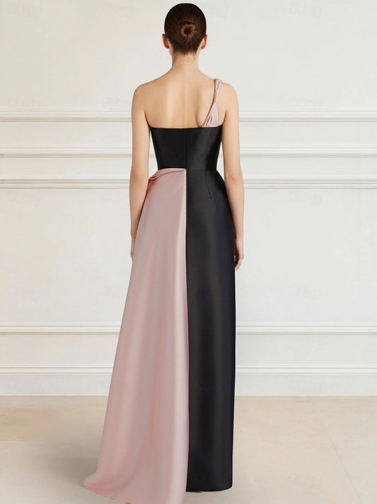Back view of Koutun one-shoulder satin floor-length prom dress.