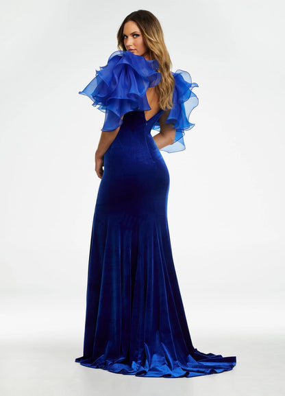 Striking Mermaid V-Neck Ruffled High Slit Black Floor-Length Evening Gown