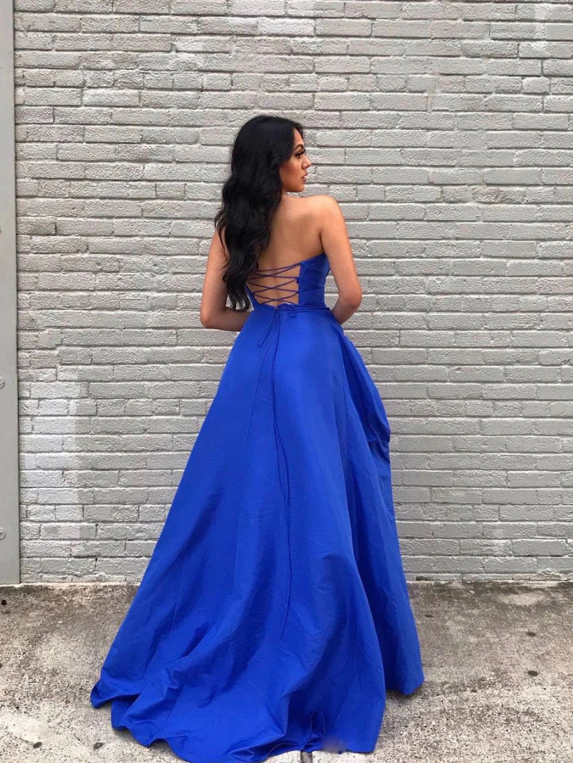 Back view of the royal blue satin A-line long evening dress, showcasing its elegant silhouette.