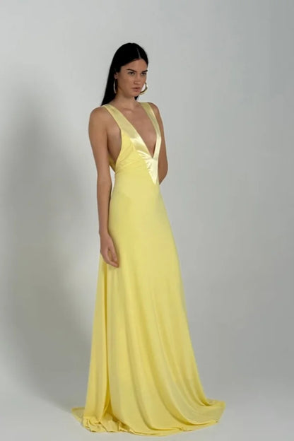 Stunning Deep V-Neck Backless Satin Floor-Length Maxi Prom Dress in Daffodil Yellow