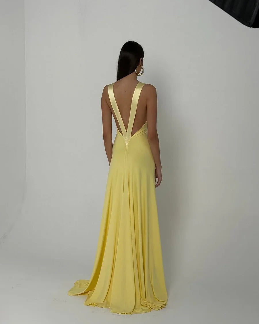 Stunning Deep V-Neck Backless Satin Floor-Length Maxi Prom Dress in Daffodil Yellow