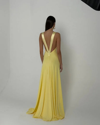 Stunning Deep V-Neck Backless Satin Floor-Length Maxi Prom Dress in Daffodil Yellow