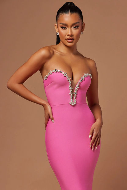 Stunning Mermaid Strapless Rhinestone Slit Long Evening Dress