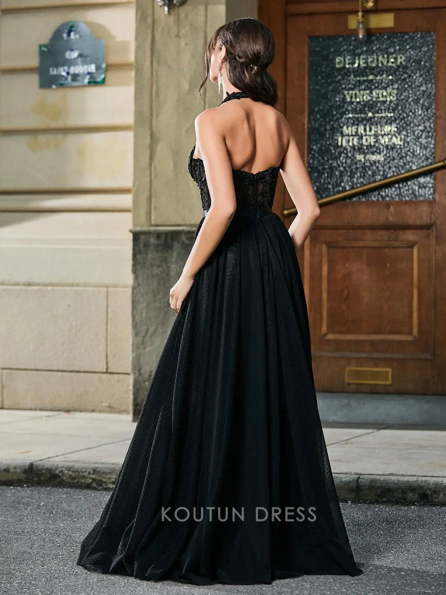 Stunning A-Line Halter Sleeveless Beaded High Slit Black Floor Prom Gown