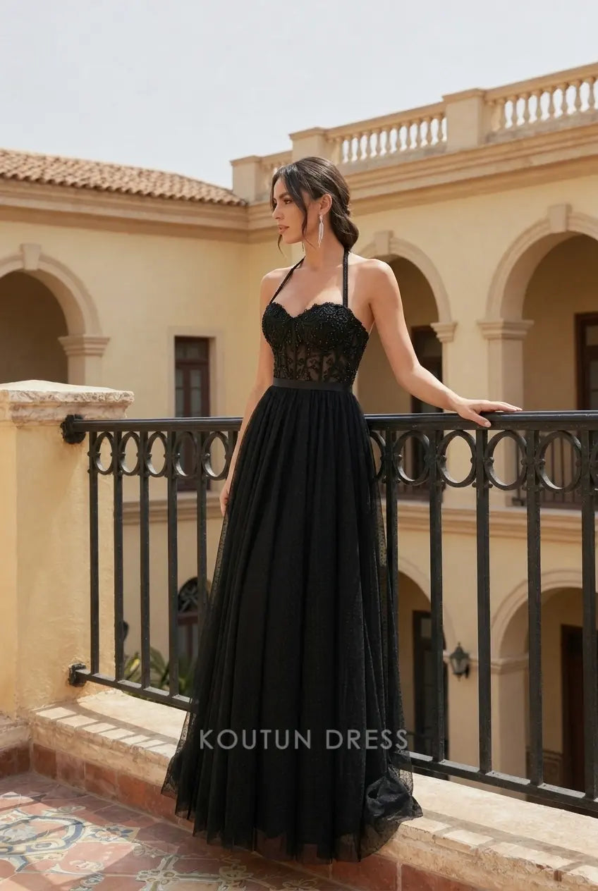 Stunning A-Line Halter Sleeveless Beaded High Slit Black Floor Prom Gown