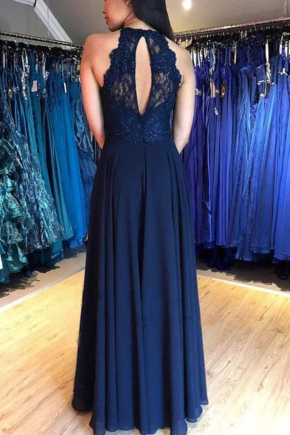 Stunning A-Line Halter Sleeveless Beaded Navy Blue Floor-Length Prom Dress Women's