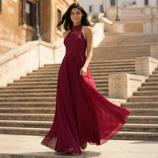 Stunning A-Line Halter Sleeveless Lace Bodice Burgundy Floor-Length Prom Dress