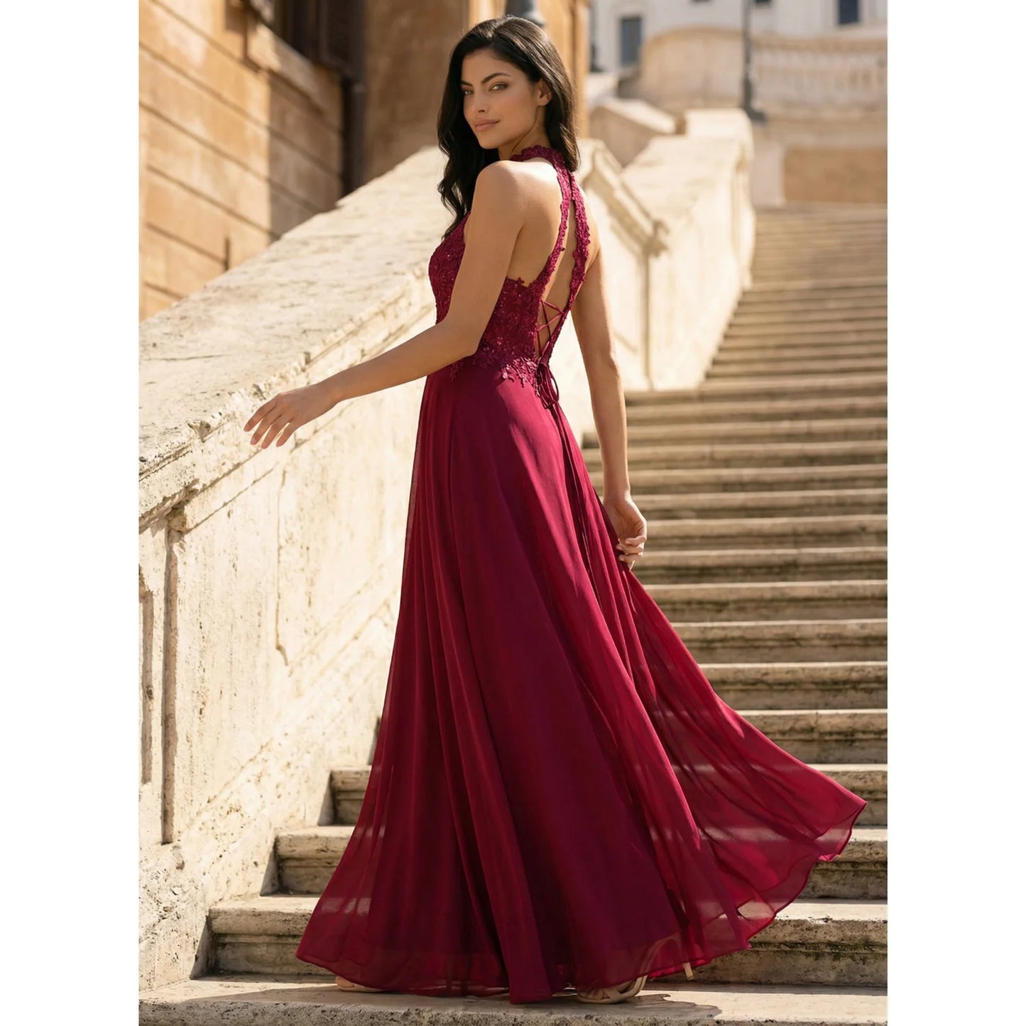 Stunning A-Line Halter Sleeveless Lace Bodice Burgundy Floor-Length Prom Dress