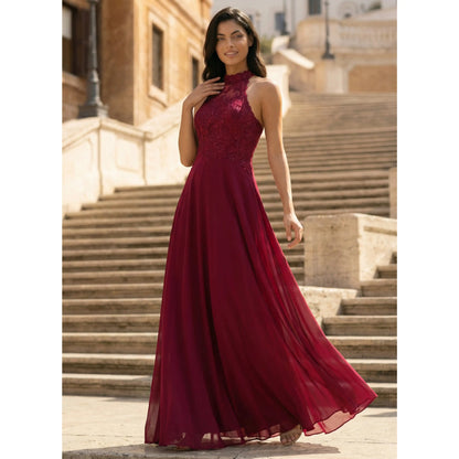 Stunning A-Line Halter Sleeveless Lace Bodice Burgundy Floor-Length Prom Dress