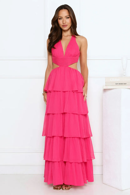Stunning A-Line Halter V-Neck Sleeveless Tiered Hot Pink Floor-Length Prom Dress