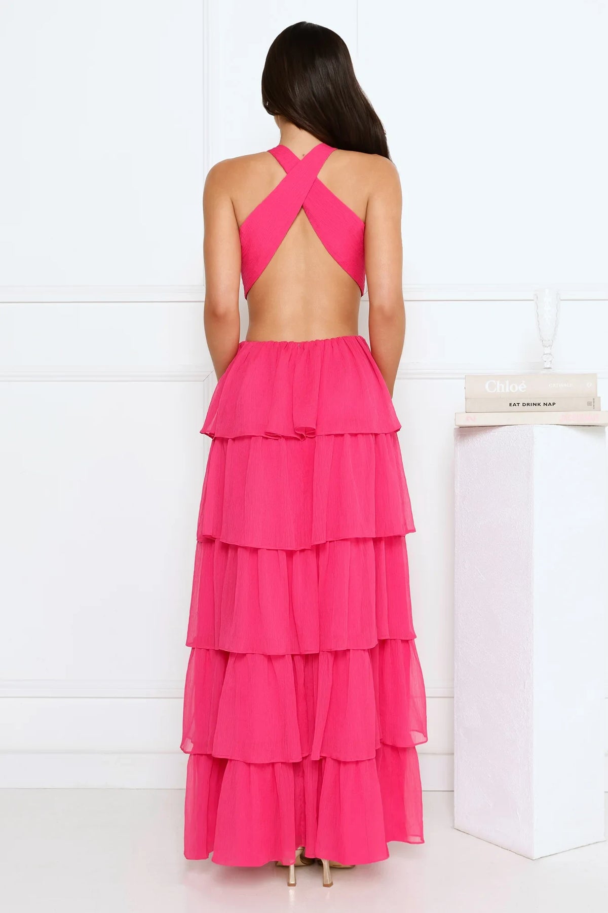 Stunning A-Line Halter V-Neck Sleeveless Tiered Hot Pink Floor-Length Prom Dress