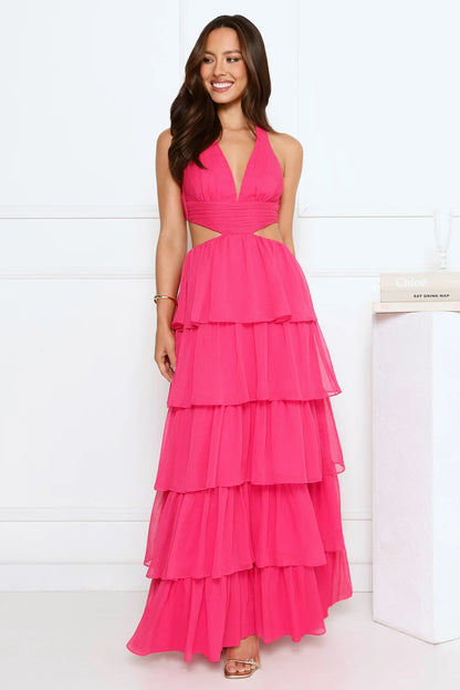 Stunning A-Line Halter V-Neck Sleeveless Tiered Hot Pink Floor-Length Prom Dress
