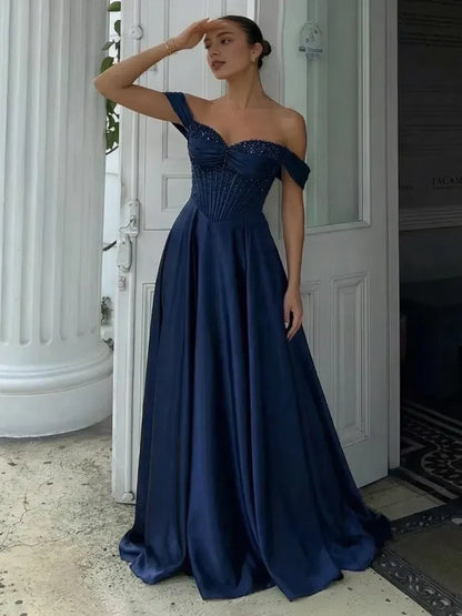 Stunning A-Line Off-Shoulder Sweetheart Beaded Navy Blue Floor-Length Prom Dresses Women's Gown
