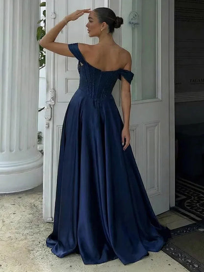 Stunning A-Line Off-Shoulder Sweetheart Beaded Navy Blue Floor-Length Prom Dresses Women's Gown