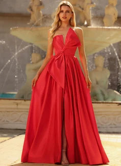 Stunning A-Line One-Shoulder Bowknot Slit Red Floor-Length Prom Dresses Gown
