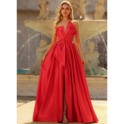 Stunning A-Line One-Shoulder Bowknot Slit Red Floor-Length Prom Dresses Gown