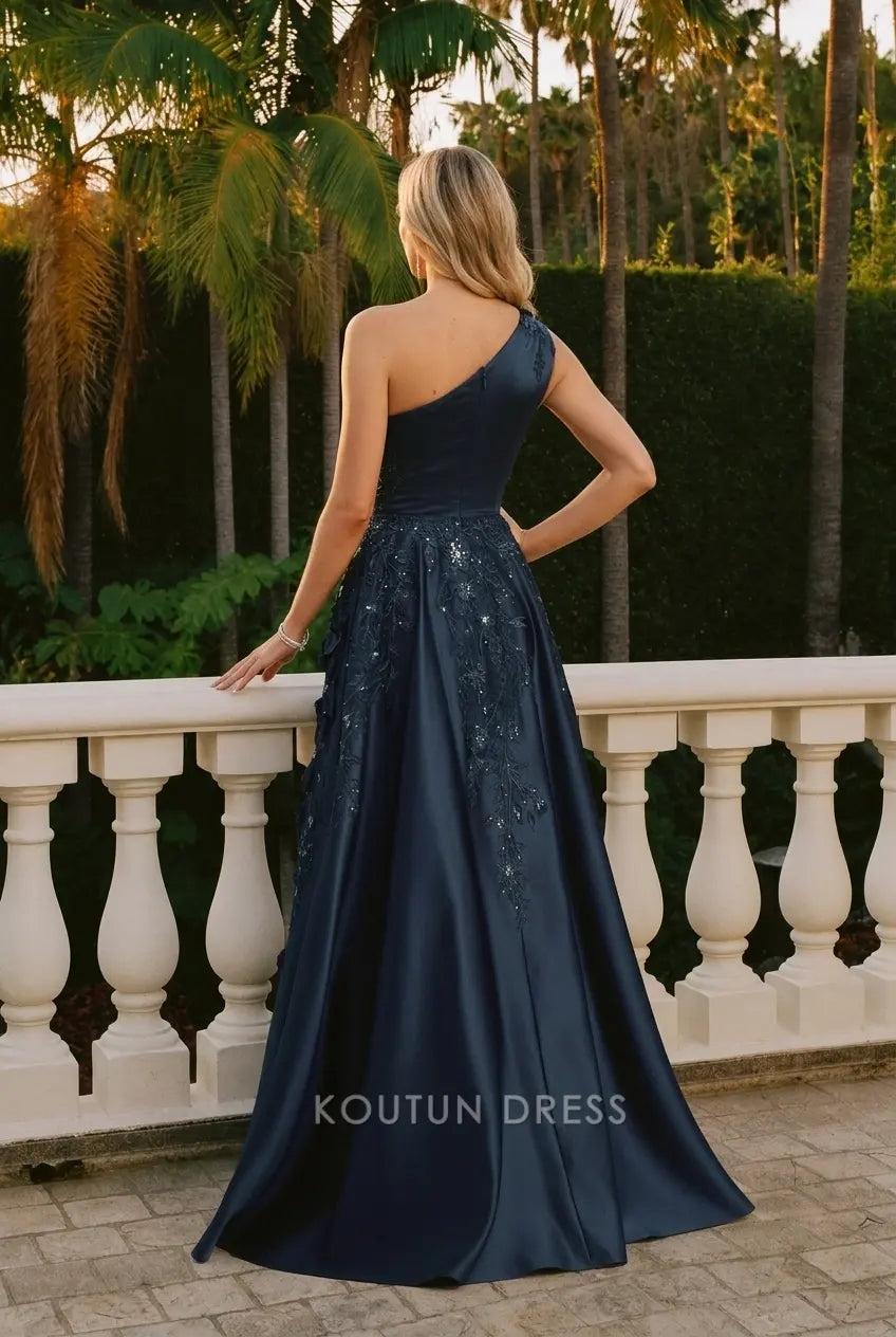 Stunning A-Line One-Shoulder Floral Slit Dark Teal Floor-Length Prom Gown
