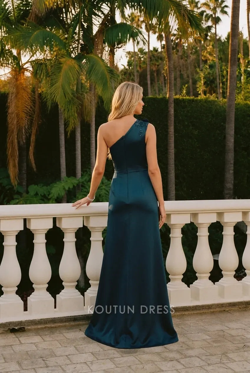 Stunning A-Line One-Shoulder Floral Slit Dark Teal Floor-Length Prom Gown