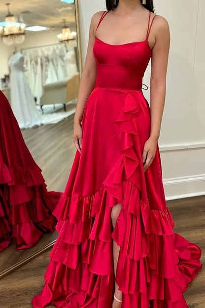 Stunning A-Line Scoop Sleeveless Tiered Ruffled Red Long Prom Dresses Women