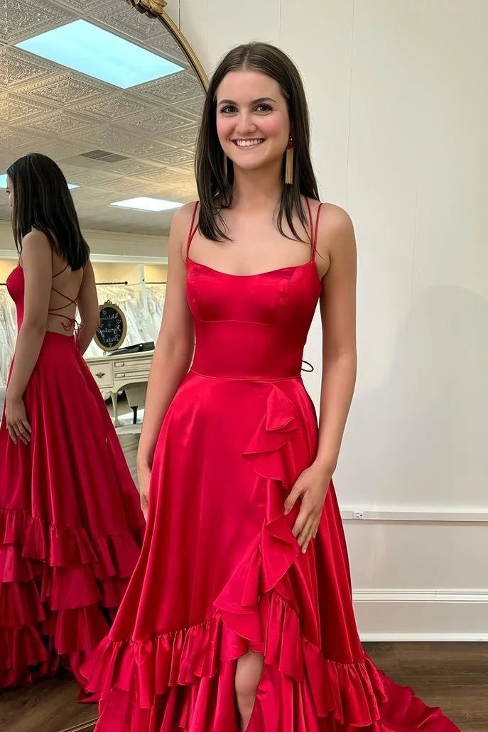 Stunning A-Line Scoop Sleeveless Tiered Ruffled Red Long Prom Dresses Women