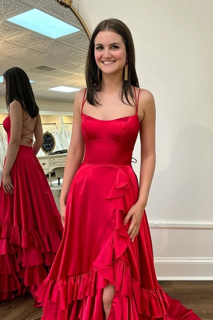 Stunning A-Line Scoop Sleeveless Tiered Ruffled Red Long Prom Dresses Women