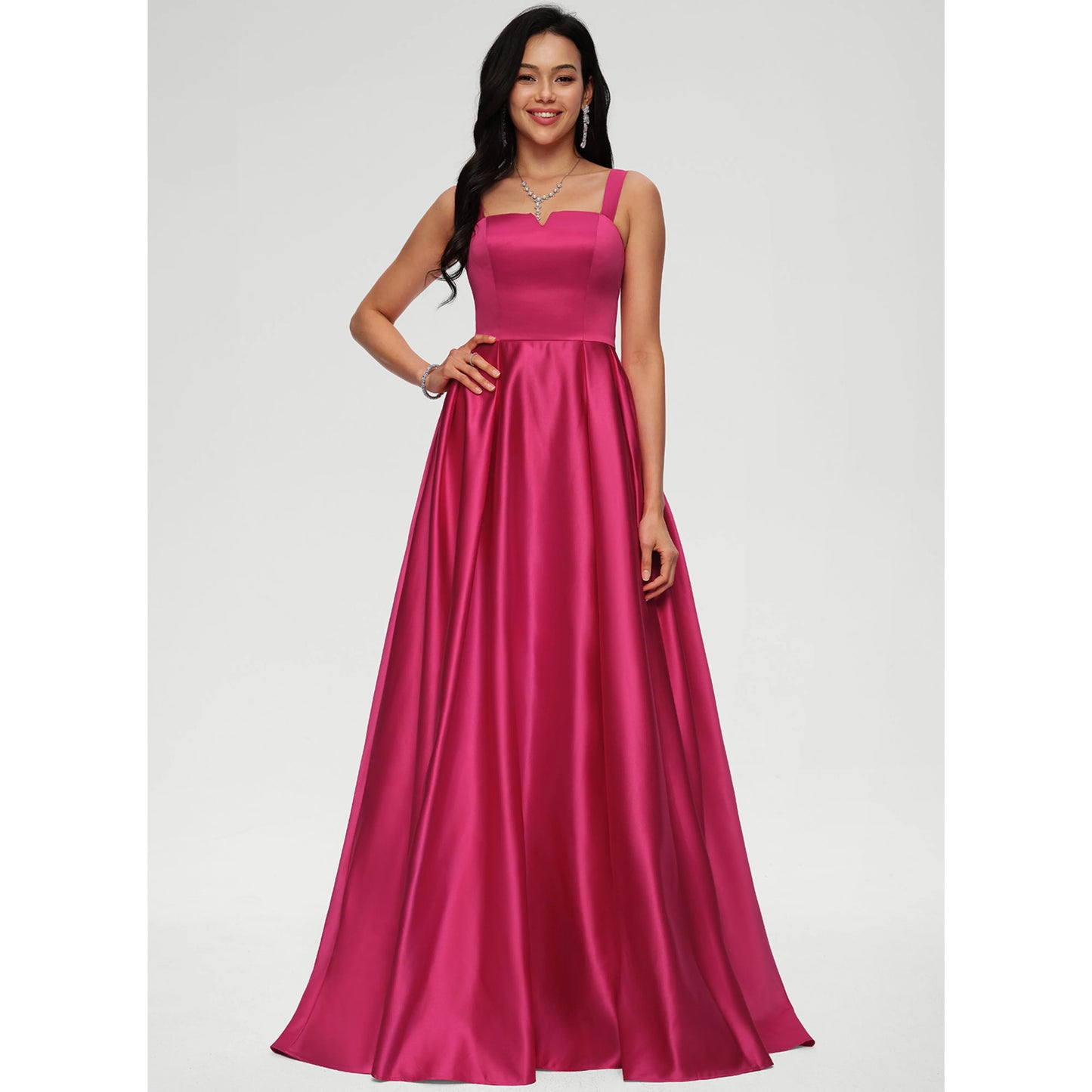 Stunning A-Line Square Neck Sleeveless Formal Fuchsia Floor-Length Prom Dress Gown