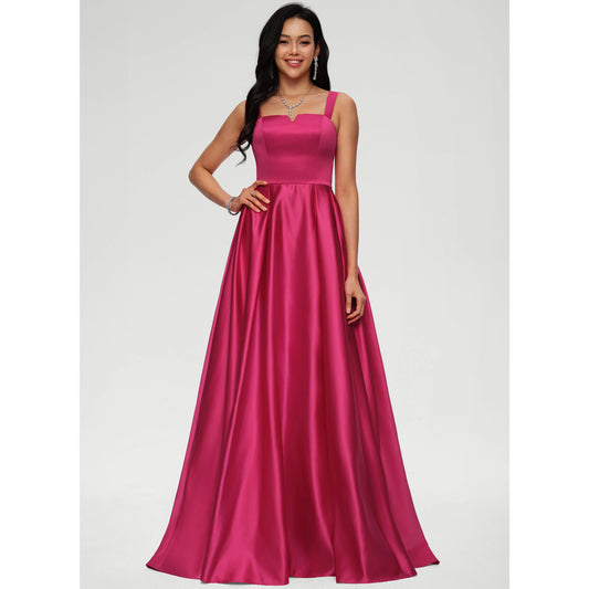 Stunning A-Line Square Neck Sleeveless Formal Fuchsia Floor-Length Prom Dress Gown