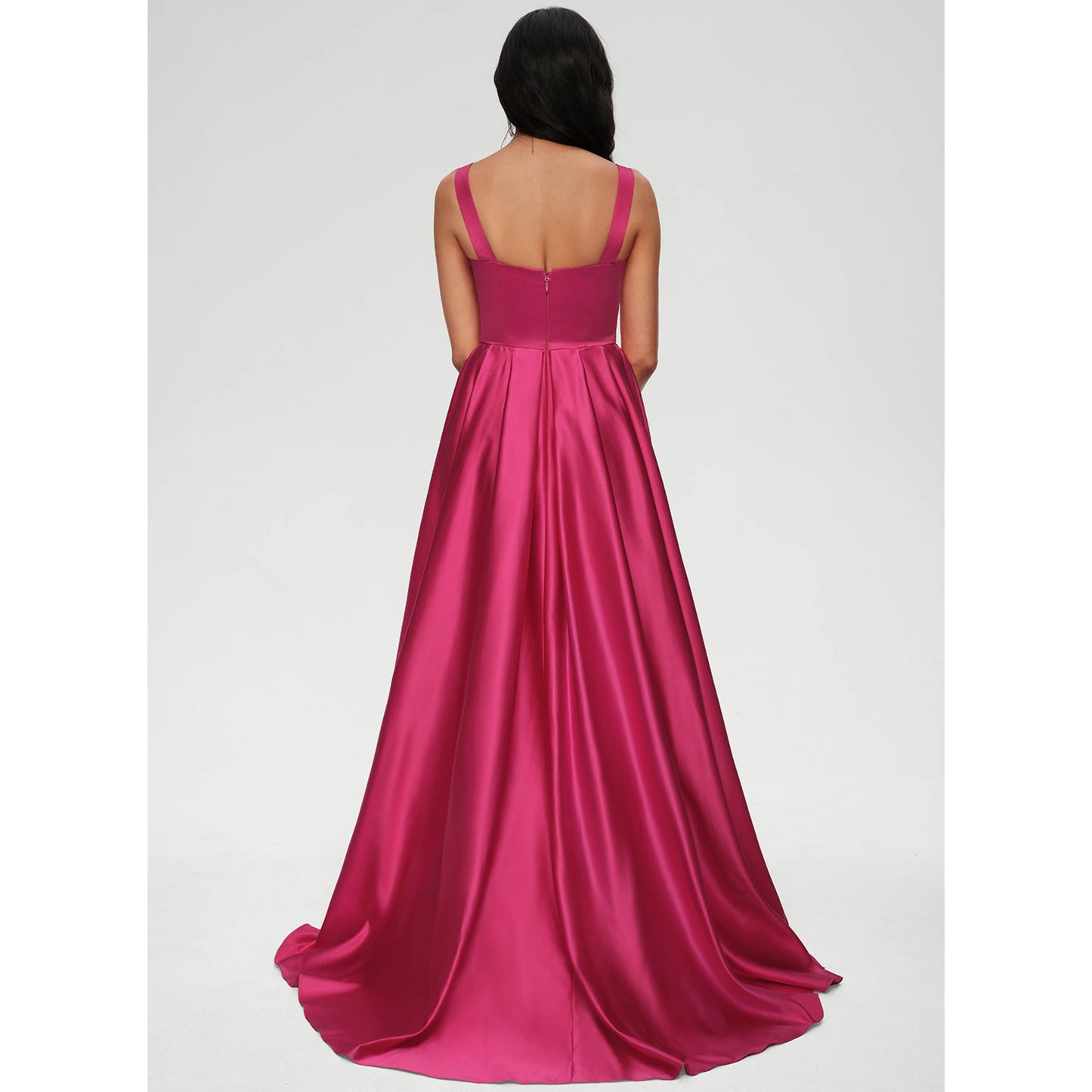 Stunning A-Line Square Neck Sleeveless Formal Fuchsia Floor-Length Prom Dress Gown