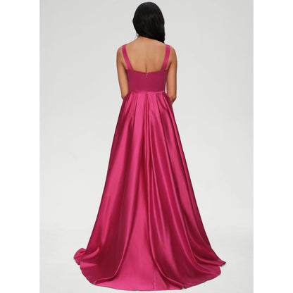 Stunning A-Line Square Neck Sleeveless Formal Fuchsia Floor-Length Prom Dress Gown