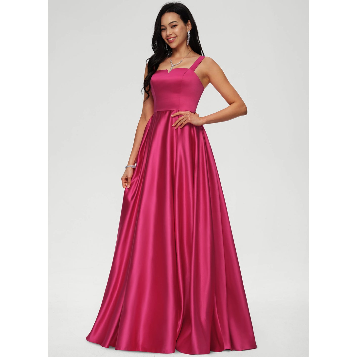 Stunning A-Line Square Neck Sleeveless Formal Fuchsia Floor-Length Prom Dress Gown