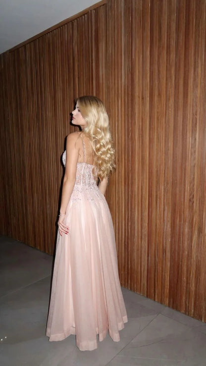 Stunning A-Line Sweetheart Corset High Slit Blush Pink Floor-Length Prom Dress