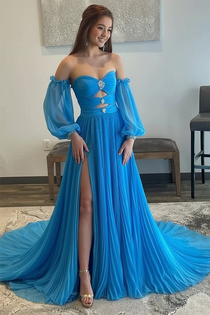 Stunning A-Line Sweetheart Off-Shoulder Puff Sleeve Pleated Slit Azure Blue Long Prom Gown