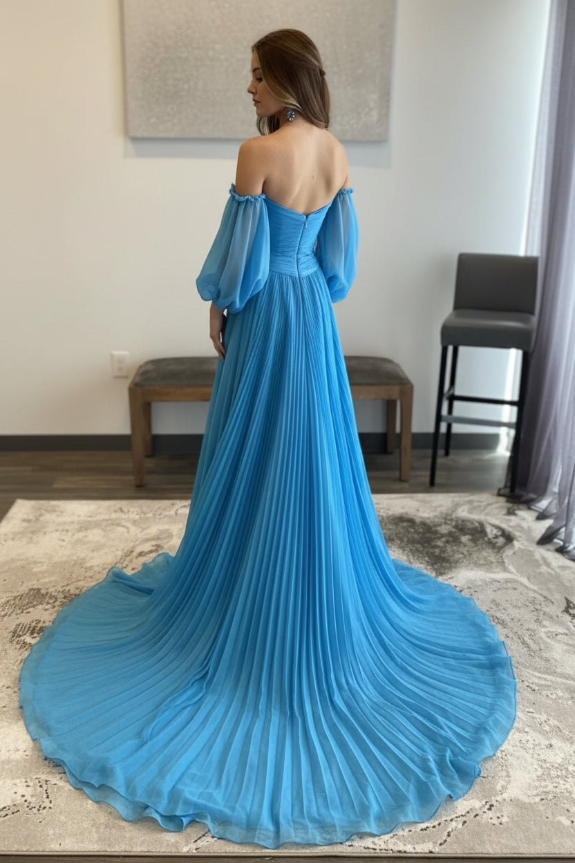 Stunning A-Line Sweetheart Off-Shoulder Puff Sleeve Pleated Slit Azure Blue Long Prom Gown