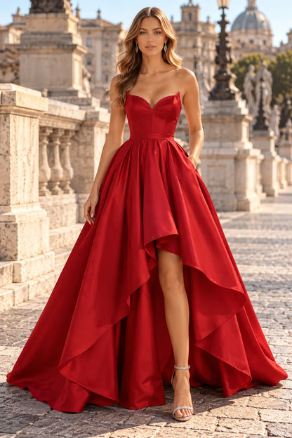 Stunning A-Line Sweetheart Strapless Tiered Ruffle Red High-Low Prom Dresses
