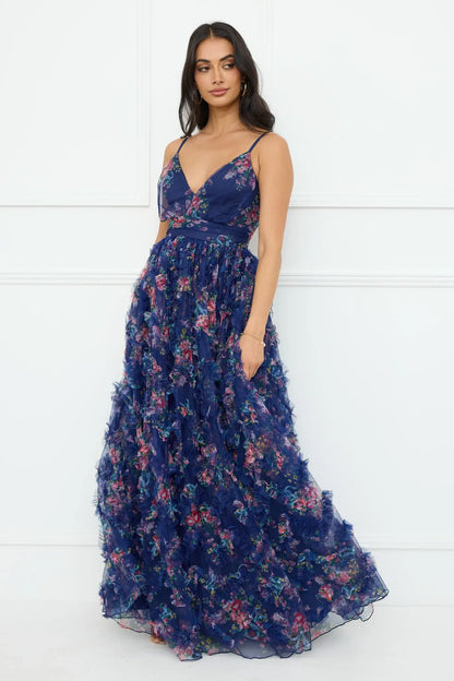 Stunning A-Line V-Neck Sleeveless Floral Ruffled Navy Blue Floor-Length Prom Dress Gown