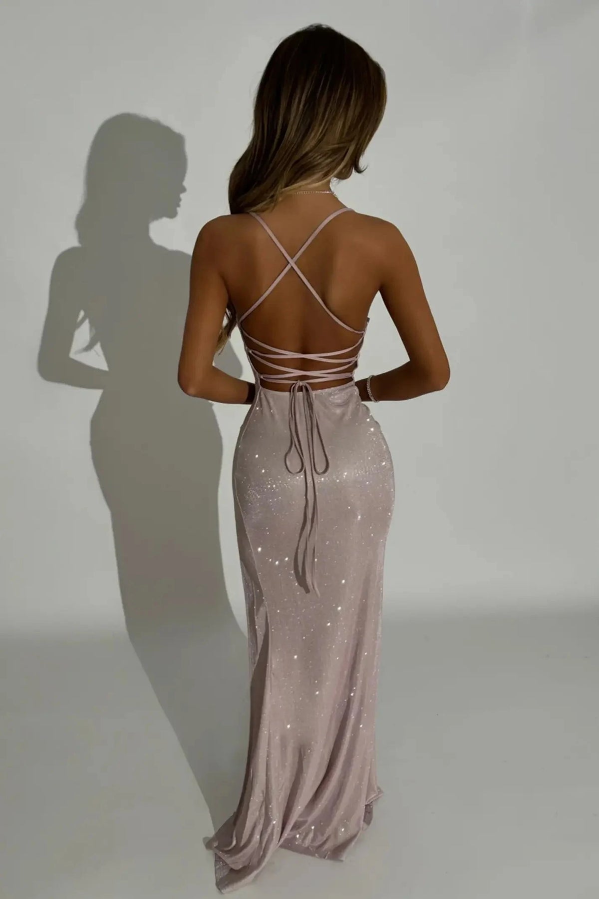 Stunning Fitted Straight Sleeveless Backless Slit Blush Maxi Prom Dresses Women