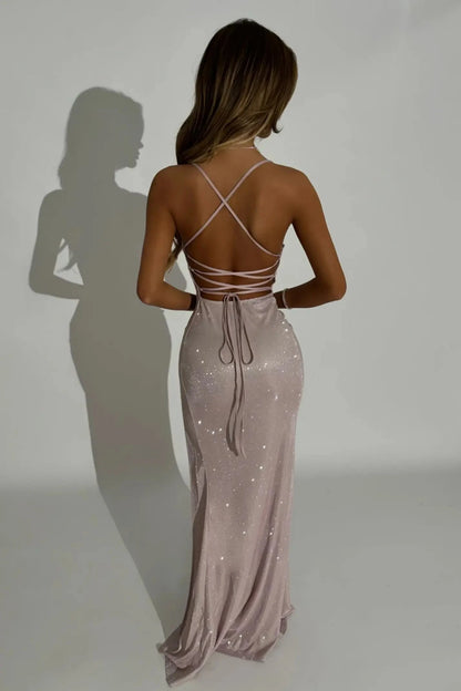 Stunning Fitted Straight Sleeveless Backless Slit Blush Maxi Prom Dresses Women