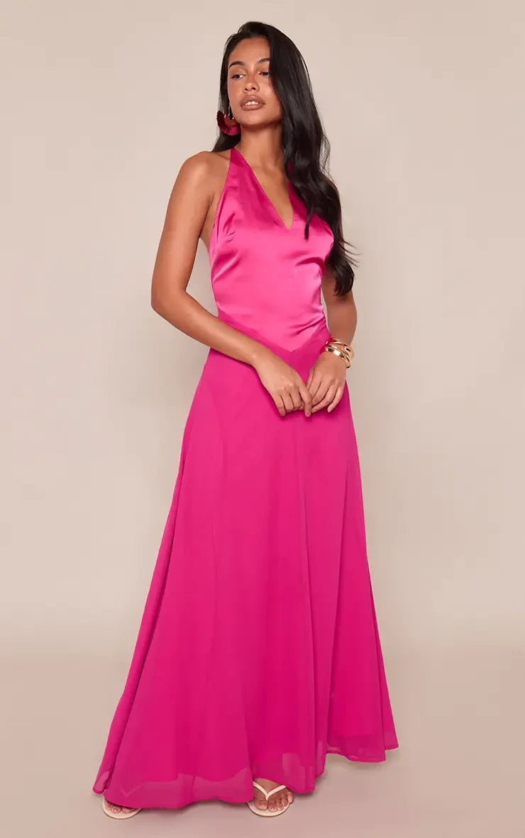 Stunning Flared Halter Sleeveless Backless Fuchsia Maxi Evening Dresses Women Gown