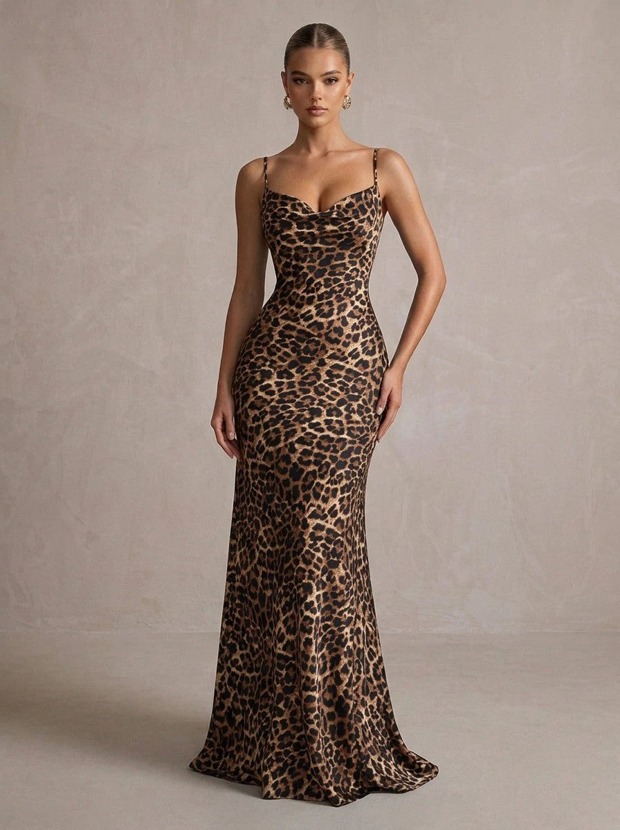 Stunning Mermaid Cowl Sleeveless Backless Chic Leopard Maxi Prom Dresses Women Gown