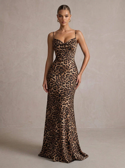 Stunning Mermaid Cowl Sleeveless Backless Chic Leopard Maxi Prom Dresses Women Gown