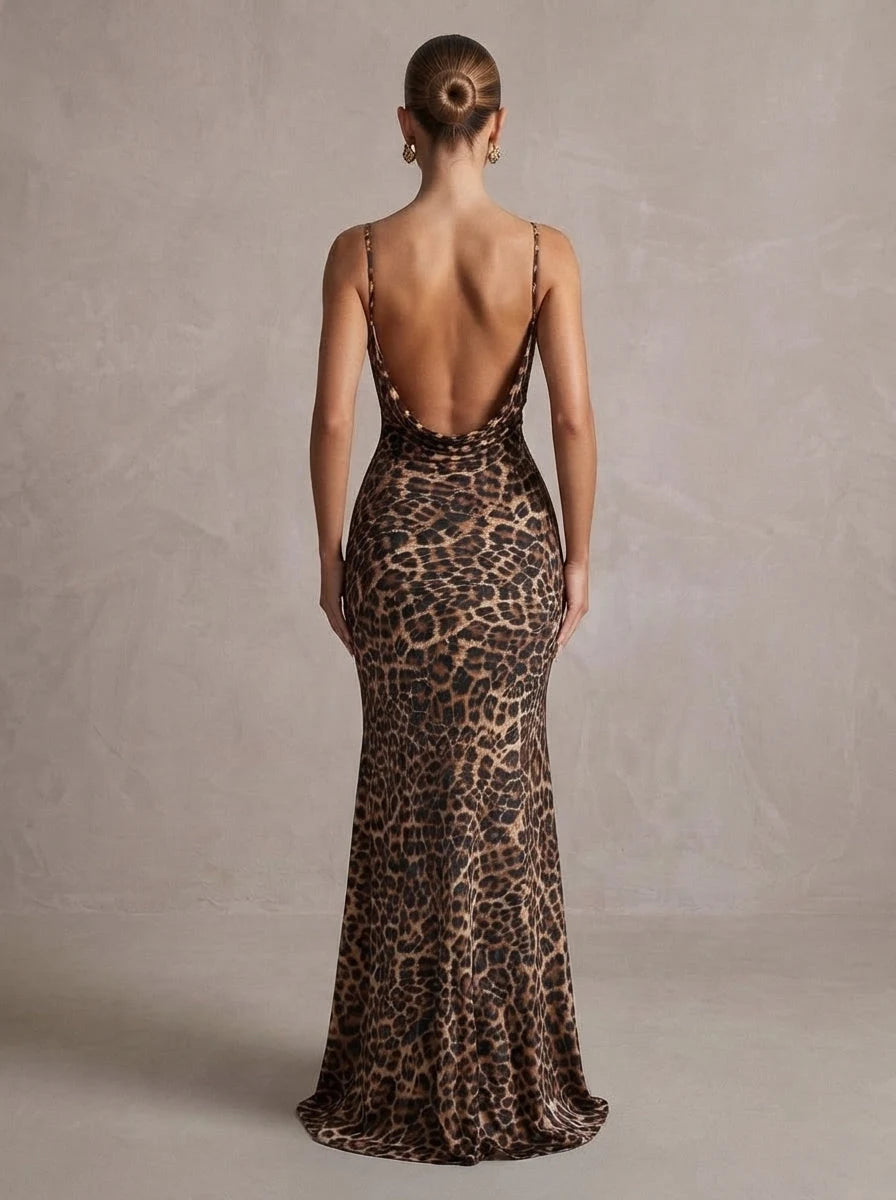 Stunning Mermaid Cowl Sleeveless Backless Chic Leopard Maxi Prom Dresses Women Gown