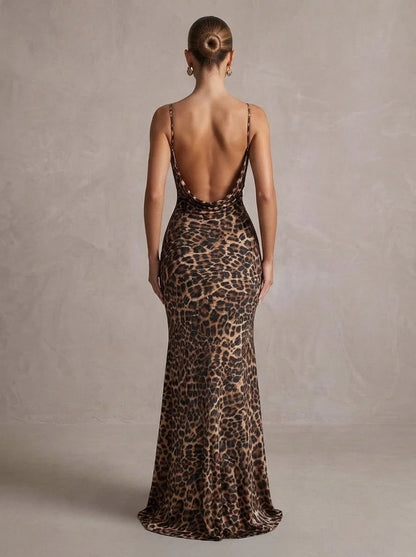 Stunning Mermaid Cowl Sleeveless Backless Chic Leopard Maxi Prom Dresses Women Gown