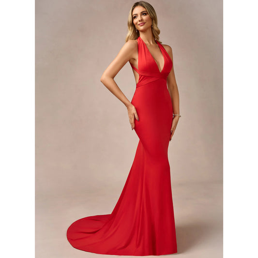Stunning Mermaid Halter Sleeveless Backless Red Long Prom Dress Gown