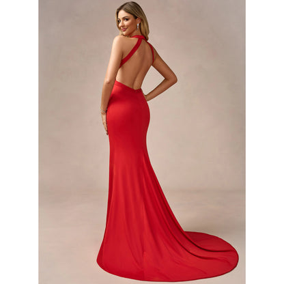 Stunning Mermaid Halter Sleeveless Backless Red Long Prom Dress Gown