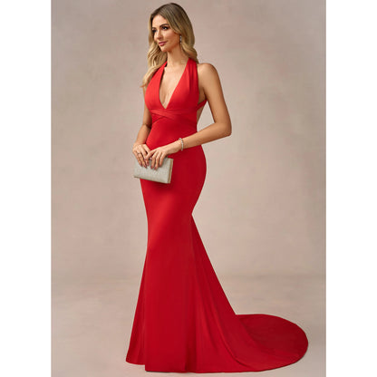 Stunning Mermaid Halter Sleeveless Backless Red Long Prom Dress Gown