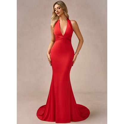 Stunning Mermaid Halter Sleeveless Backless Red Long Prom Dress Gown