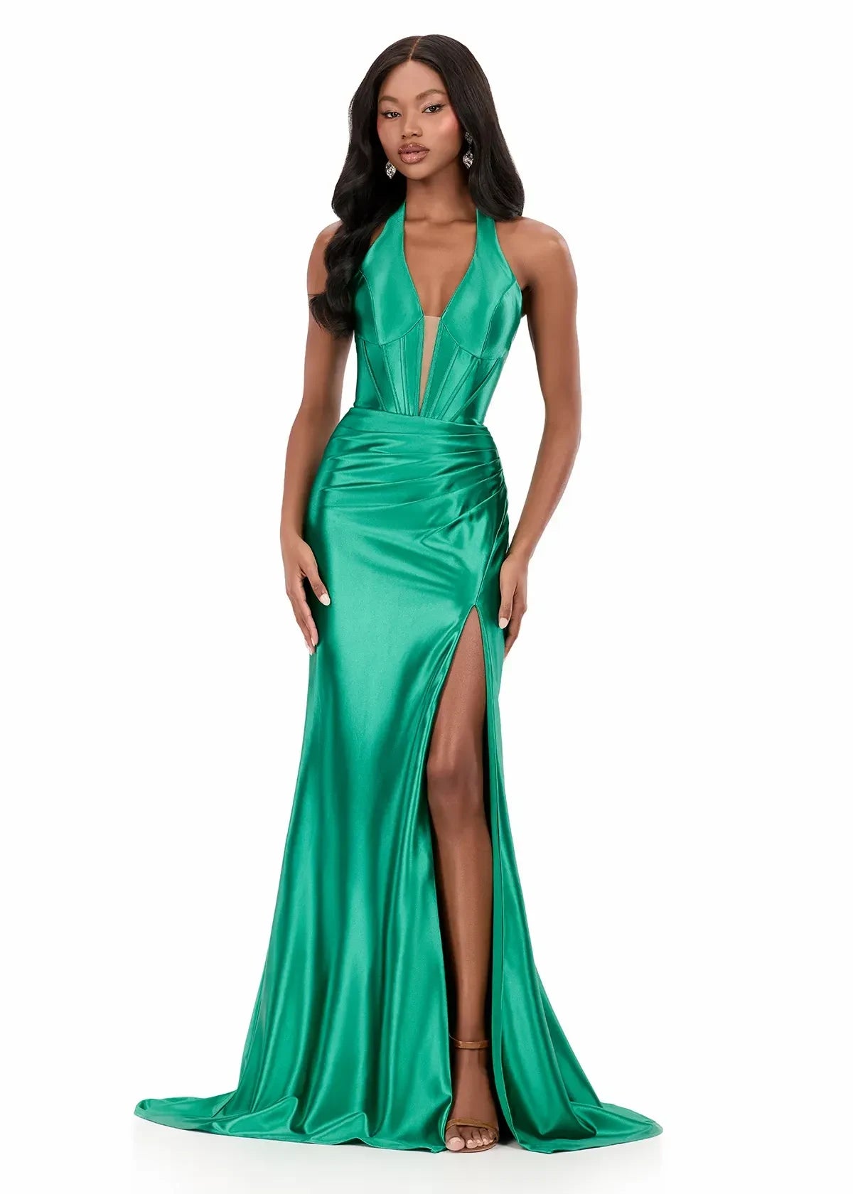 Stunning Mermaid Halter Sleeveless Backless Ruched Emerald Green Floor-Length Evening Gown