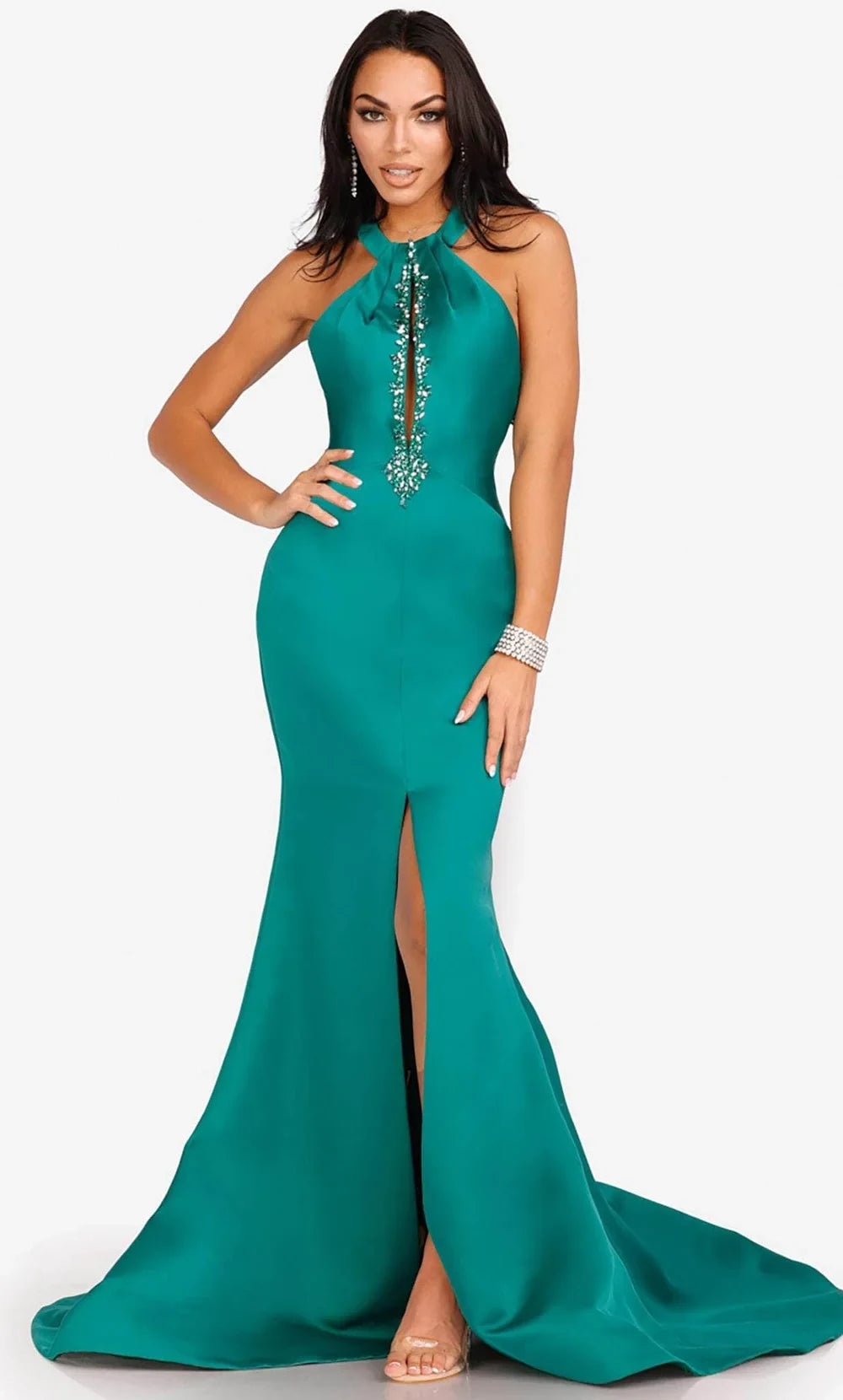 Stunning Mermaid Halter Sleeveless Beaded Slit Emerald Green Floor-Length Mother Of The Bride Dress