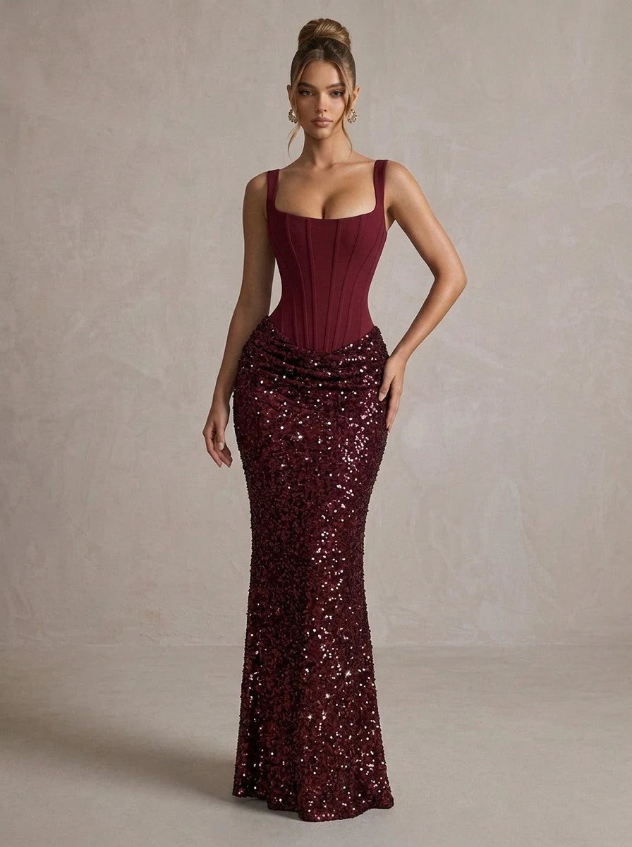 Stunning Mermaid Square-Neck Sleeveless Corset Sparkly Burgundy Maxi Prom Dresses Women
